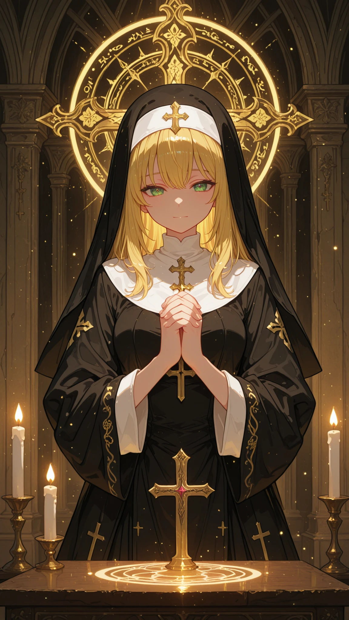 Mature woman, mature face, gentle face, glossy lips, golden eye color, golden eyes, gentle eyes, (braid hairstyle, bob hair, white hair, yellow gradient hair color, glossy hair), slender body, medium breast, thick thighs, saintess clothes, church, praying pose, view from above, front view