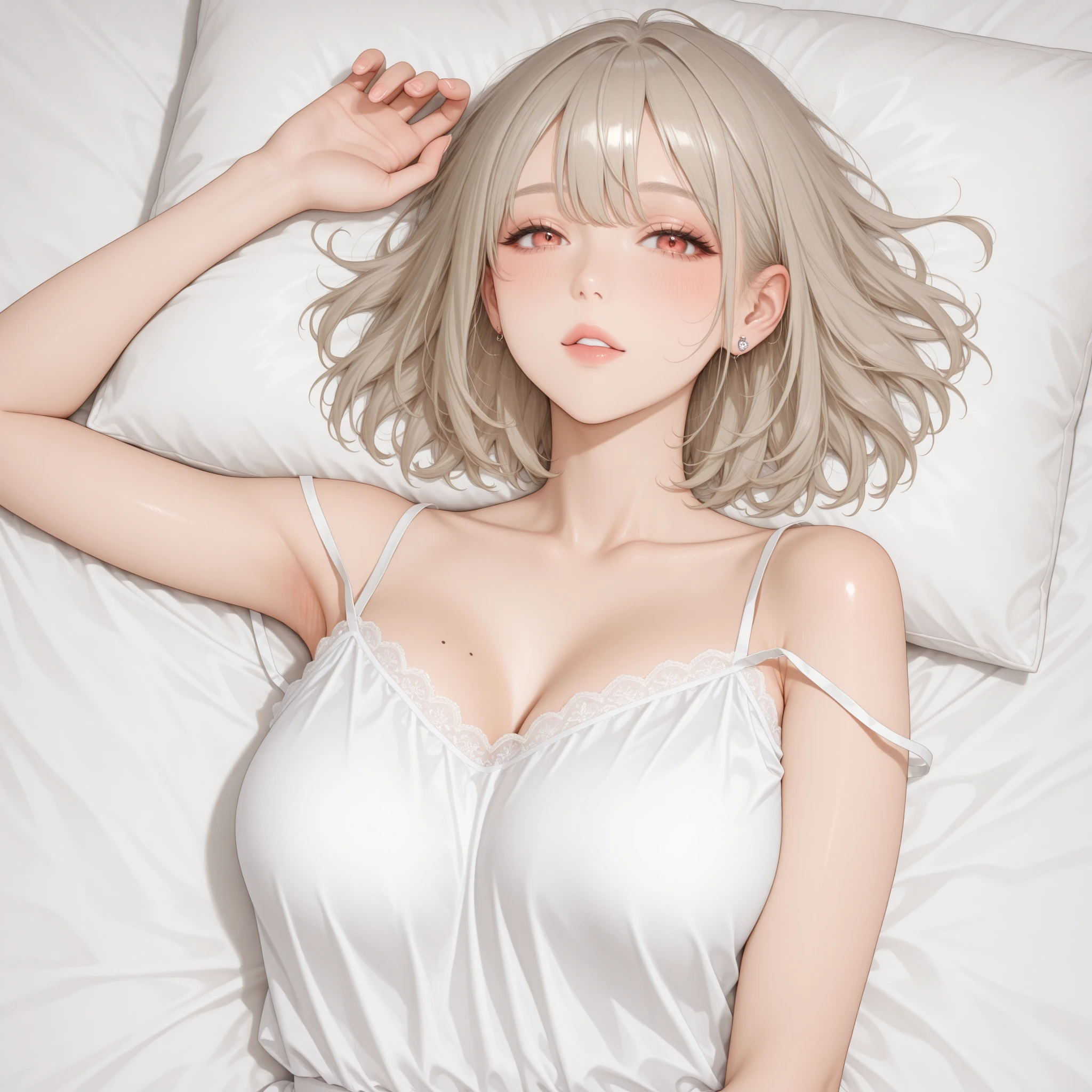 (masutepiece: 1.3), (max resolution: 1.2), (Ultra HDTV: 1.2), cinematric light, 8K resolution, Detailed eyes and skin, detailed facial features, , (Sharp Focus: 1.2）, (Focus on Face:1.2),Perfect Style, Beautiful face, acurate, Anatomically correct, ノ Highly detailed facial and skin texture, Detailed eyes, Double eyelids, Thin eyebrows, Glitter Eyeliner: 1 Natural cheeks, Glossy skin, Fair skin: 1.2, (Glossy lips: 1.4),、 (Shy look: 1.2),Highly detailed facial and skin texture, Detailed eyes, Double eyelids, Natural cheeks, , shiny lips: 1.4,Exposed cleavage、Sperm taken、Overflowing sperm、Flowing sperm、 red blush、humiliated、impatience、dismay、Frightened、glares、Sexually arousal、Provocation、embarrassed from、Open knees、open one's legs、 White underwear、White bra、Shiny little earrings and necklaces、Disheveled clothes、Dressing、Exposed panties、Wearing sweat、sodden、Sheer underwear、Stockings、 18 instars, Neat and clean woman,1 persons、 upturned breasts, Bedroom、（Lying next to you in bed:1.8）、From  above、deep in the night、sexy  pose、White-silver hair、a blond、A dark-haired、Blue ash eyes、Green ash eye、glares表情、full of sweat、