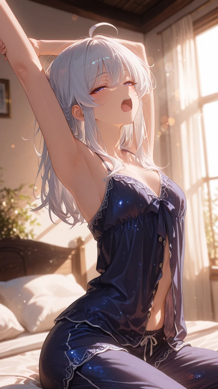 Anime, 1girl, white hair, blue eyes, glowing eyes, fishnet leggings, white bikini, white underwear, slight smile, light blush, cozy house, fireplace, backside view, back view, chocolate, candy canes, bedroom, white underwear, white bra, Christmas tree, presents, lying down on bed,