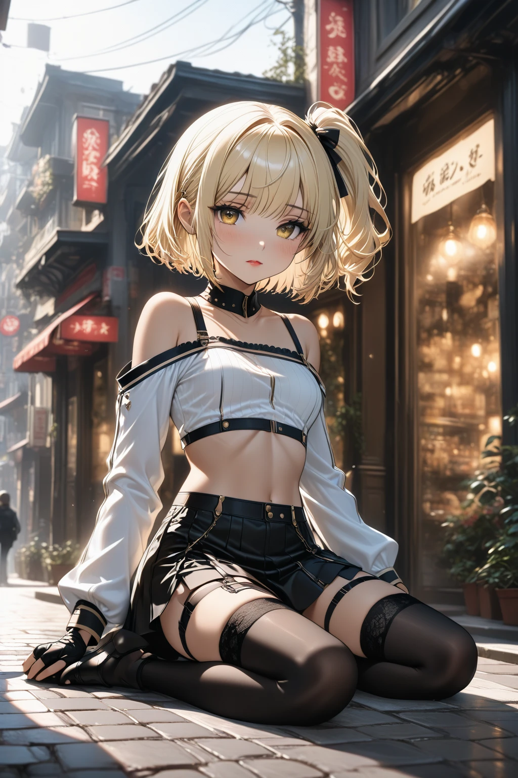 Outside the submerged city,floating houses,collapsed houses,one 20years old woman,blonde short hair,sitting on the floating house