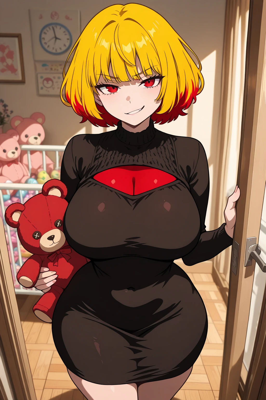 <lora:cyclopsMonsters_v1:0.8>,1girl, (cyclops:1.2), sitting, smile, open , ((one-eyed), tail, blunt bangs, sharp teeth, horns), button shirt, large breasts, nipples, breasts out, sitting on bed