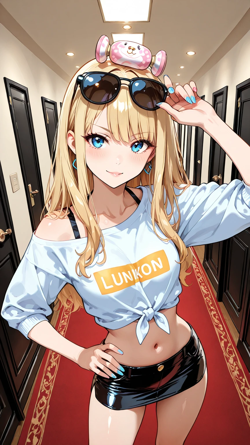lunatic \(casual\), 1girl, solo, earrings, long hair, jewelry, bangs, jacket, looking at viewer, long sleeves, collarbone, open clothes, ahoge, upper body, large breasts, open jacket, black jacket, blue eyes, blonde hair, smile, blunt bangs, shiny hair, closed mouth, straight hair, (no bra), (no shirt), (naked coat), magazine cover, <lora:Anime Magazine V4:0.6>, <lora:lunatic-08:0.6>