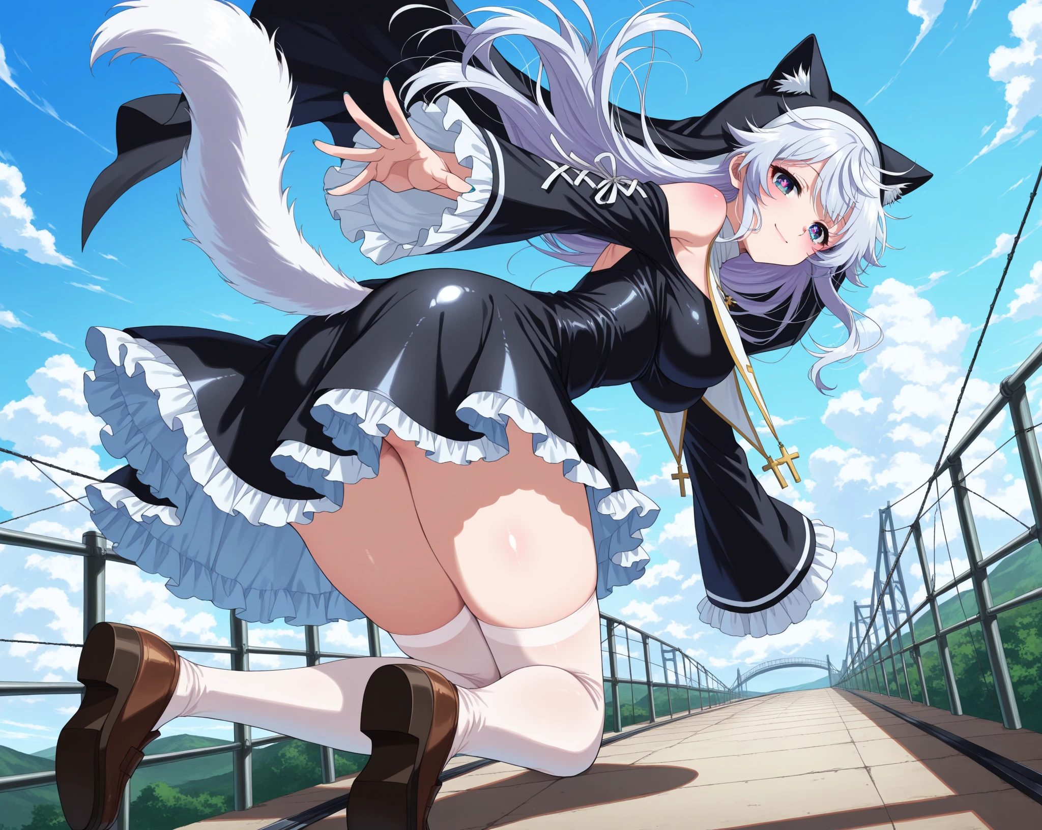 nsfw , Yashiro Kasumi , (((highres official art))) , (((1girl))) , white hair , blue eyes , long hair , twintails , fake rabbit ears , blush , shy , squatting girl, spread legs, after sex, pussy, cum drip, cum in pussy, sweat, outdoor
