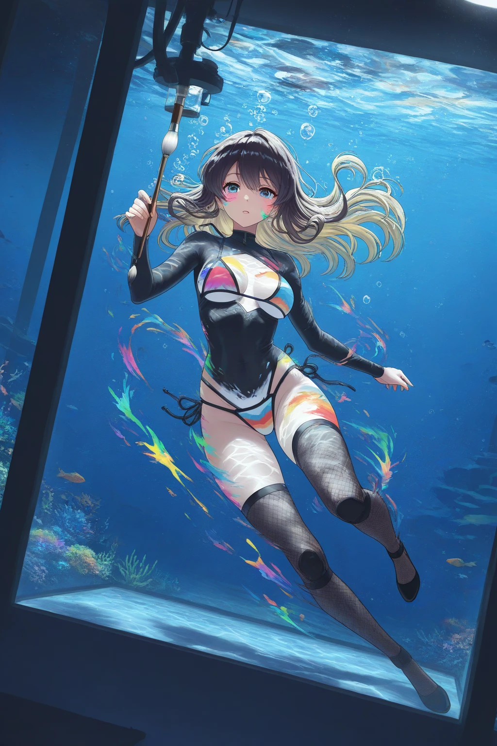 (((masterpiece))), (((best quality))), (((anatomically correct))), (((super detail))),

1girl, Solo, 

(((Moe))), (((kawaii))),(((short in stature))),
BREAK 
marierose,blue one-piece swimsuit,(((
bronde hair))), no sleeves, shiny swimsuit,blue detached sleeves, shiny knee socks,
BREAK 
(((underwater))), 
A girl jumping and dancing on the ocean floor surrounded by coral, spitting out bubbles and drowning to death, She opens her unconscious eyes without effort and open her mouth, looks up, and sticks out her tongue a little,
(A lot of small bubbles), 
(small bubbles around the face),
BREAK deep sea,
full body,
((depth of fields)), 
(((god rays)))