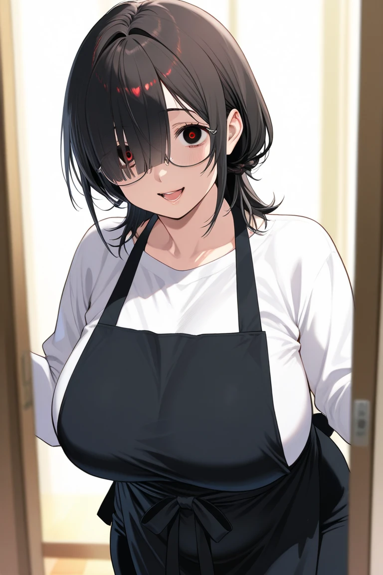Mommy Masterpiece,, Short black hair , black detailed sparkling eyes , embarrassed , blushing                                                                                          
  (Best quality:1.3),mini breasts, naked, apron, cleavage, (pov, close shot), standing, kitchen background, blushing:1.2.
