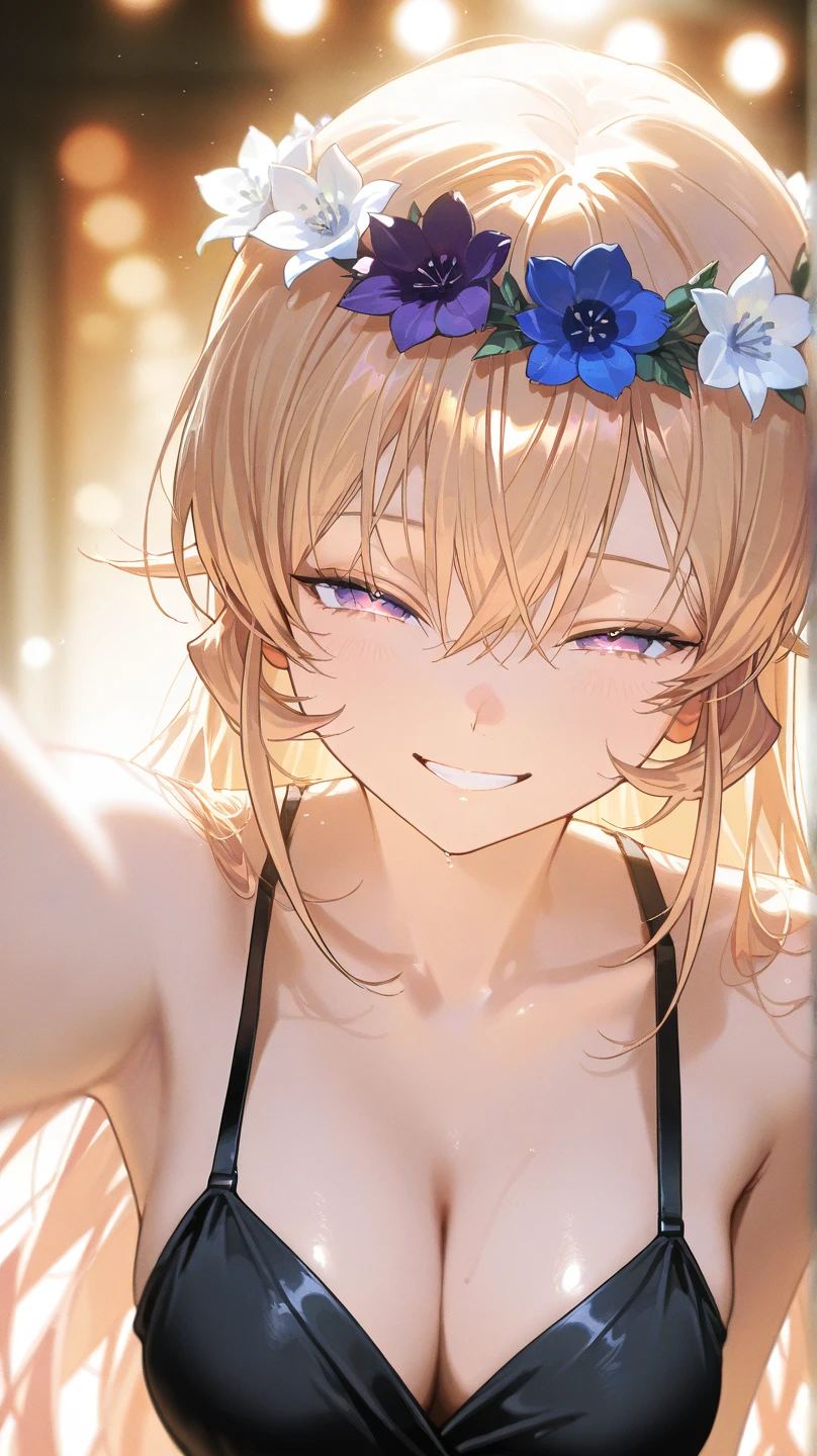 (from above:1.2),(from side:0.9), ((Face)), (Close-Up:0.4), ((looking at viewer, holding a bouquet)),(magazine cover:1.4), highest quality、(real、photorealistic:1.4),(ultra high resolution, 8K RAW photo, clear focus), best qualtiy, natural lighting, field depth, (Bright pupils, detailed beautiful eyes, high detailed face), Red lip, (tight focus:1.2, from below), sexy posing, seductive weak smiling, Looking at Viewer, Cinematic lighting, Perfect, softlight, High resolution skin:1.2, Realistic skin texture, body tired from sports、30 years old mature woman、a small face、beautiful-makeup、Makeup light、Shortcut Hair、dark brown hair、Bust b Cup, Amazing Cleavage, thin waist, big ass, Raised sexy, big breast: 1.2 posed cleavage:1.2、off shoulders、Sportsbra、legginullnude、cute wall background .
