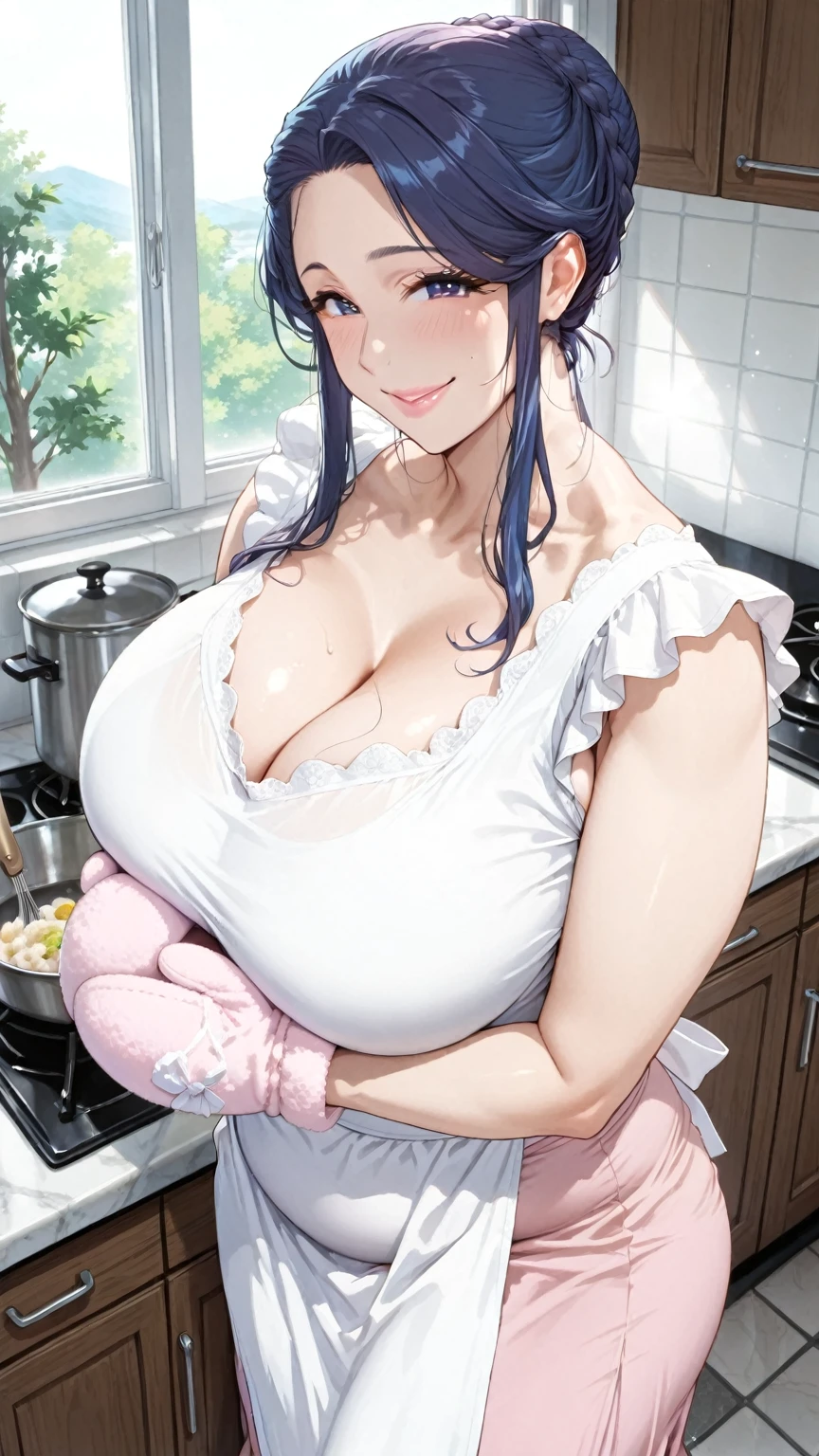Realistic, masterpiece, Highest quality, (Beautiful Eyes), One high school girl, Huge breasts, Sweat, night, Outdoor, Vibrant restaurant, Micro bikini in, String-only micro bikini, Grin, Wet Face, Wet body, ponytail, Earrings,  White apron,  Puff short sleeves,  Small tray,  Central opening, 