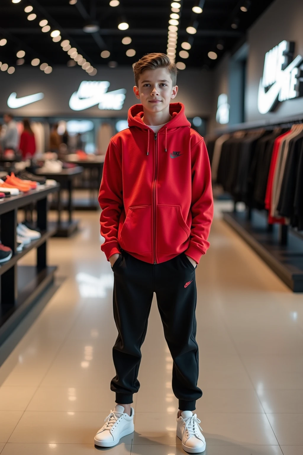 vintage 80s photo of a man, computer programmer type, with light red head Rocker hair, Velour tracksuit, white tube socks, Adidas shell-toe sneakers, (80s style Shopping Mall Fountain, A grand indoor shopping mall with a central fountain surrounded by potted plants, where shoppers take a break to toss in coins and make wishes), face in highlight, soft lighting, high quality, film grain, Fujifilm XT3 <lora:add_detail:0.5>
