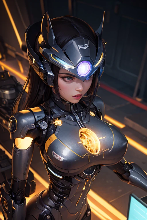 (masterpiece, finely detailed beautiful eyes: 1.2), ultra-detailed, illustration,
a cybernetic woman in futuristic cyberpunk city, riding a sleek black Harley and dressed in a neon-laced jumpsuit, ready to soar through the night
(small breast),detailed background, (realistic:2),