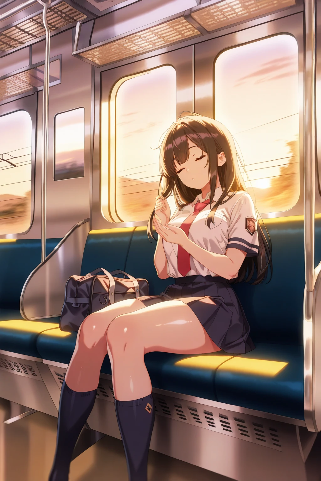 (1) Sitting alone on a long seat in a train,Sit with your legs apart,Showing white panties, Composition from the front,Low - Angle,
(2) I'm a jk, She is wearing a uniform consisting of a miniskirt, sailor suit and loose socks.,
(3) I have medium length brown hair,
(4) The expression is provocative and smirking.,
(5) The location is a long seat on the Yamanote Line at night.,There are no other customers,The view outside the window is the night view of the city