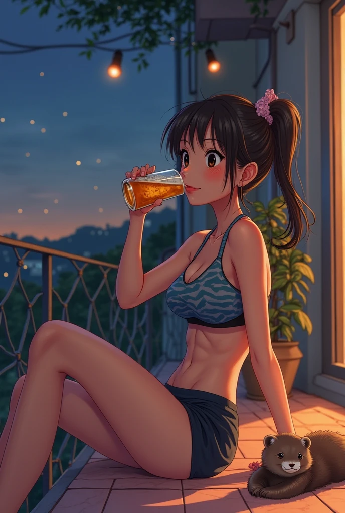 High resolution, high quality, One girl, Anime Girls,Brown long hair, Brown eyes, Pink Glasses,heart shaped pupils,Sunburned skin, Large Breasts,beautiful breasts,pointy breasts,long nipples,(Big Ass),beautiful ass,Embarrassed,Tank Top,lower body,sweat,wet,open legs,cherryblossom,at cafe,(lemon juice),(orange juice),(Pineapple juice),(Mango juice),(water),