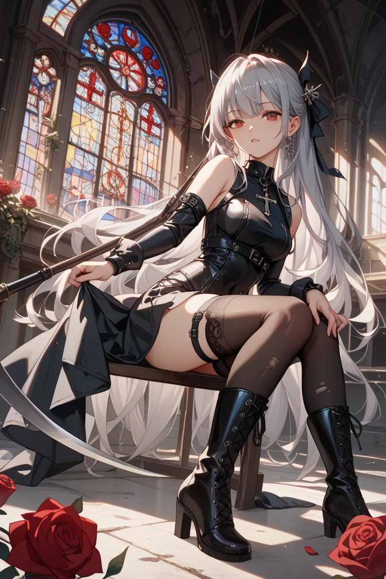 1 girl,White hair,energetic smile,The face is red, with her mouth open,bshoulder,Black gloves,Sitting on the steps,Two legs,legs focus,blackstockings,black heels,wetclothes,Steaming,heart - shaped pupils,cross leg soles,Clear toes