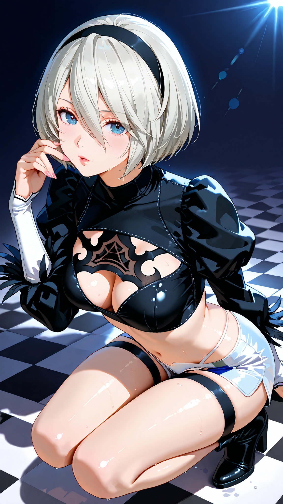NSFW、Highest quality、(Bunny girl)、tights、High heels、Glossy Bunny Suit、Sitting on the floor、((Spread your legs wide))、Show your crotch、No background、Silver short hair、Beautiful Eyes、Beautiful Face、Delicate eyes

