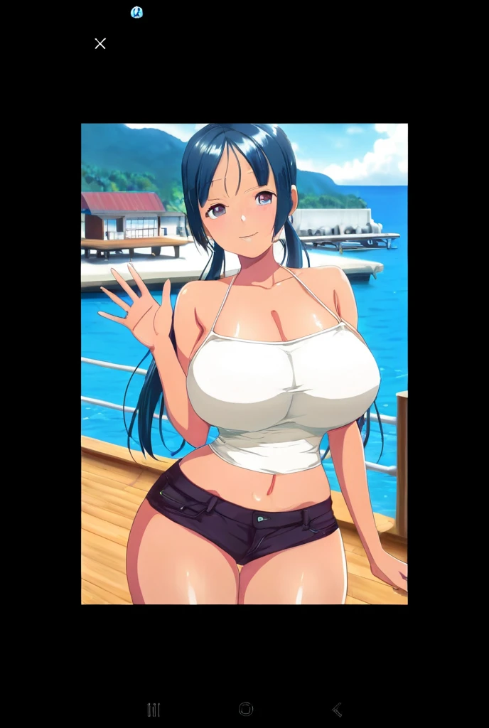 hyuga hyuga, 1girl in, ((Bimbo))), short blue hair, Blue eyes, Puffy lips, Painted lips, thick lips, wide hips, thick thighs, huge round breast, Huge ass, Erotic face, perky , Shiny skin, Breasts squeezed together, huge huge thick natural breasts, bikini of