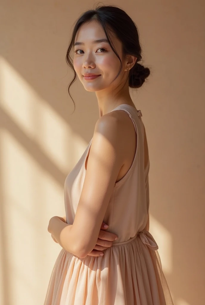 Fashion model photography, Ballet Dress, Strong design sense, Medium Shot, South African girl, short hair, hair accessory, Delicate skin, smile, Simple Background, High quality texture, Glare Backlight, Professional Studio Lighting