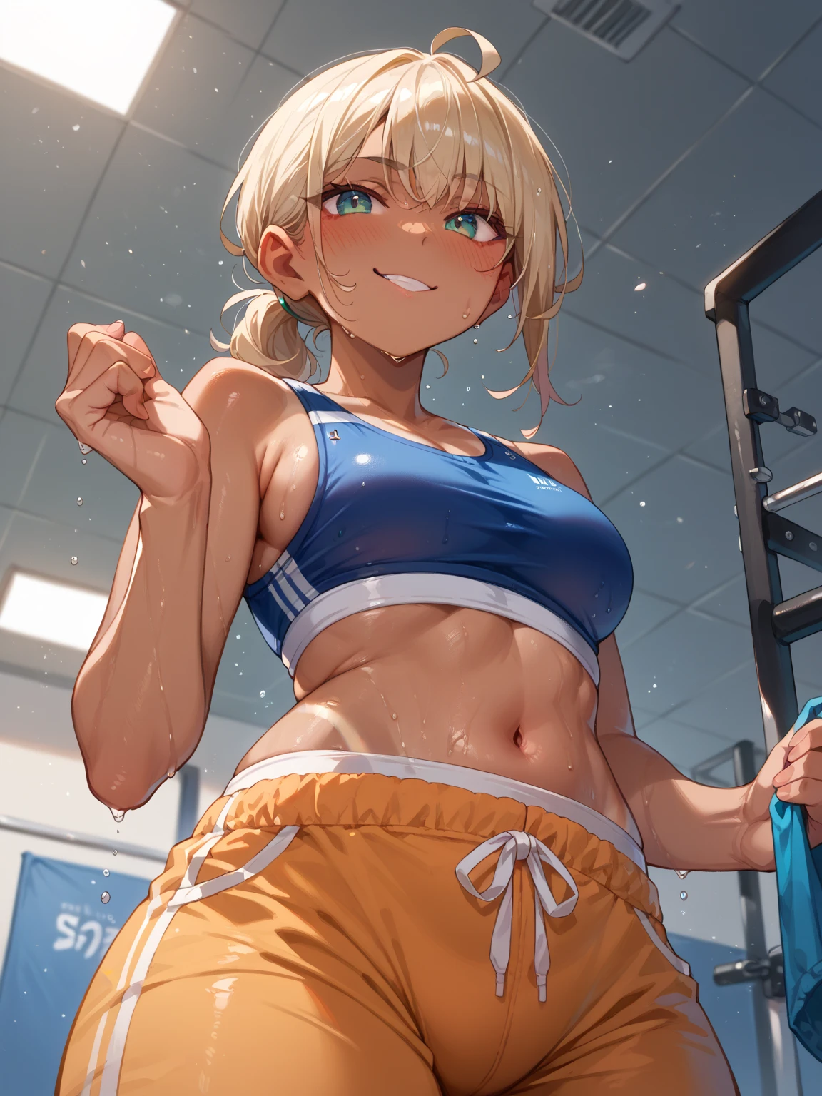 (masterpiece, best quality:1.2),1girl, (solo), Android 18 from Dragon Ball, ((white CALVIN KLEIN bras, white dolphin shorts)), gray wear, medium breasts, blunt bangs, blonde short hair, black eyes, earrings on earlobes, slim, slender feminine figure, skinny body, blush, magnificent view, blur background, 8K, collarbone, sky, sunny, thigh gap, full body, smile, sweat, open mouth, arms up, gym, dancing, knee up, red panties, nipple slip,