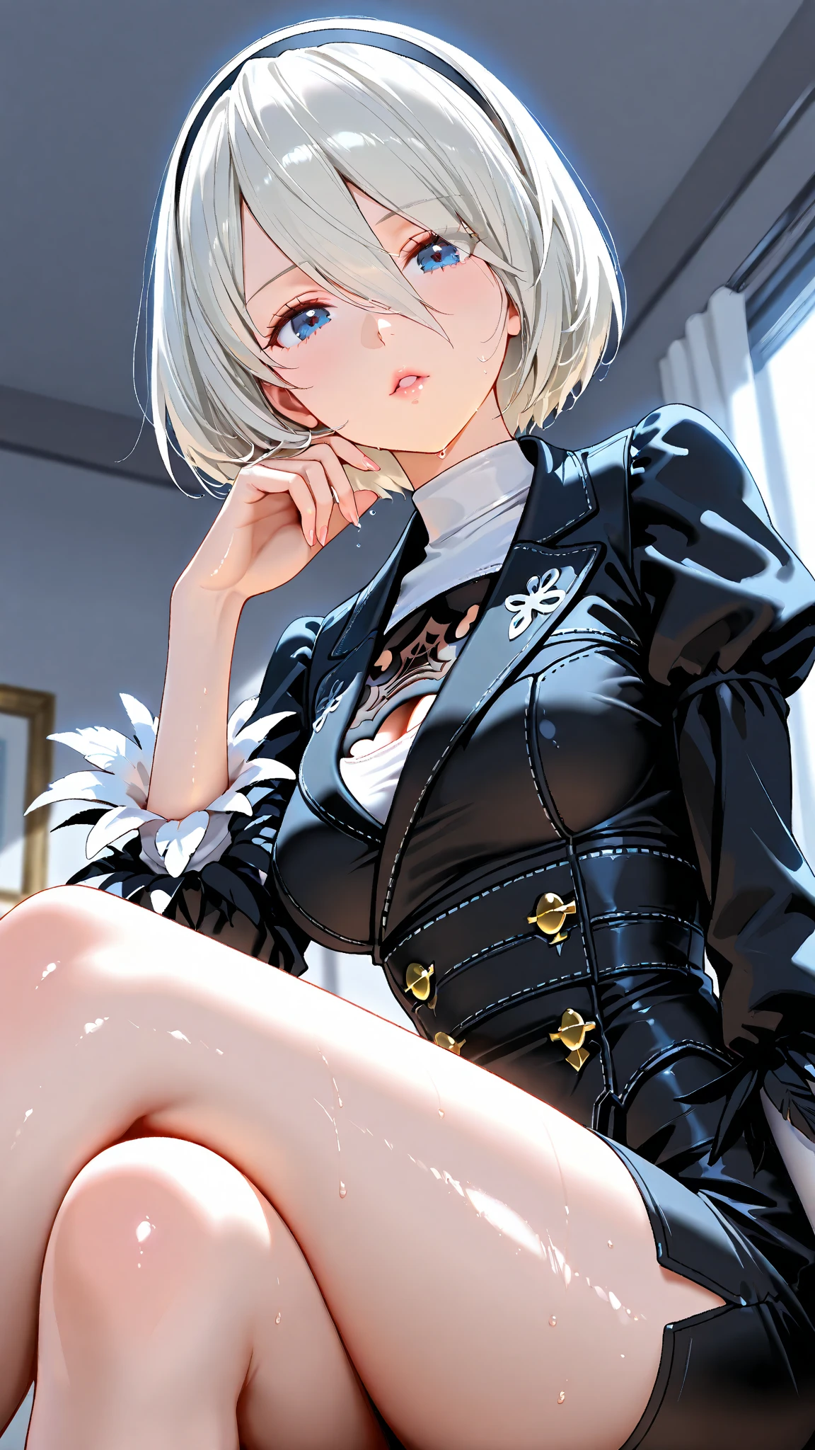 NSFW、Highest quality、(Bunny girl)、tights、Glossy Bunny Suit、Sit on the sofa、((Spread your legs wide))、No background、Silver short hair、Beautiful Eyes、Beautiful Face、(Eyes closed, expression of ecstasy)、((Both have))、(Drooling from the mouth)、((Open your mouth and stick out your tongue))