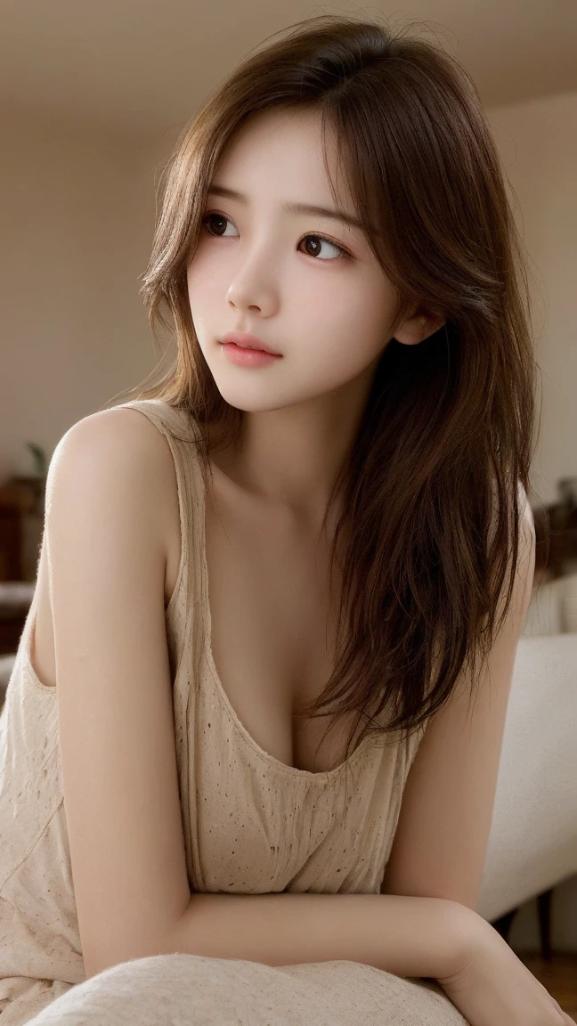 table top、highest quality、real、Super detailed、finely、High resolution、8k wallpaper、one beautiful woman、、light brown messy hair、He is wearing a black see-through dress shirt with an open collar、sharp focus、perfect dynamic composition、beautiful detailed eyes、thin hair、Detailed and realistic skin texture、smile、close up portrait、model body shape、President&#39;s Secretary、miniskirt、high heels、whole body