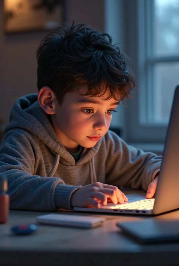 A 18 year boy crying in library with laptop