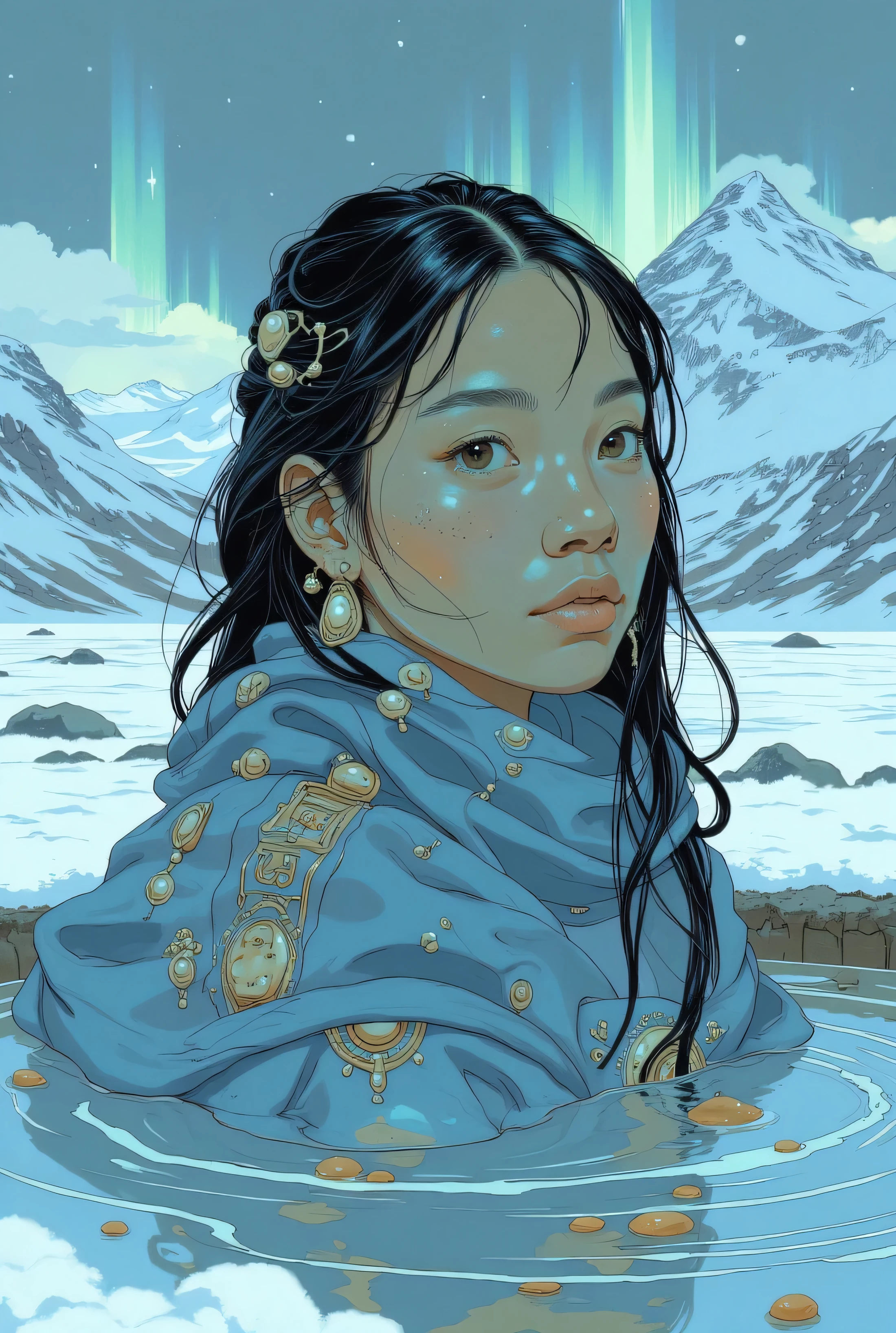 Close-up portrait of a beautiful young Inuit woman. She is bathing in a hot spring located in a natural crater in the middle of the Arctic landscape. Her straight black hair is elegantly braided and secured with a deep blue cloth scarf, adorned with intricate details and tribal prints that embody the strength and grace of her Arctic heritage. She wears earrings made of small shells and natural ornaments, a reflection of her cultural heritage.
Her head and shoulders protrude from the surface of the warm water. Her nose is slightly reddened from the cold. A stunning Arctic landscape unfolds in the background, revealing icy blues, brilliant whites, and the magical glow of the Northern Lights dancing across the sky. Illustration styled in DB4RZ.