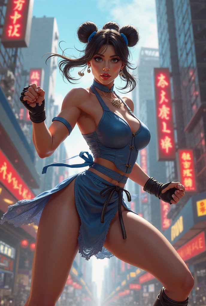 Woman posing for photo, like a Shun Lee street fighter game, cosplay, beautiful woman, huge breasts, huge, asymmetrical short hair, small bikini, dynamic pose, masterpiece, 8k wallpaper
