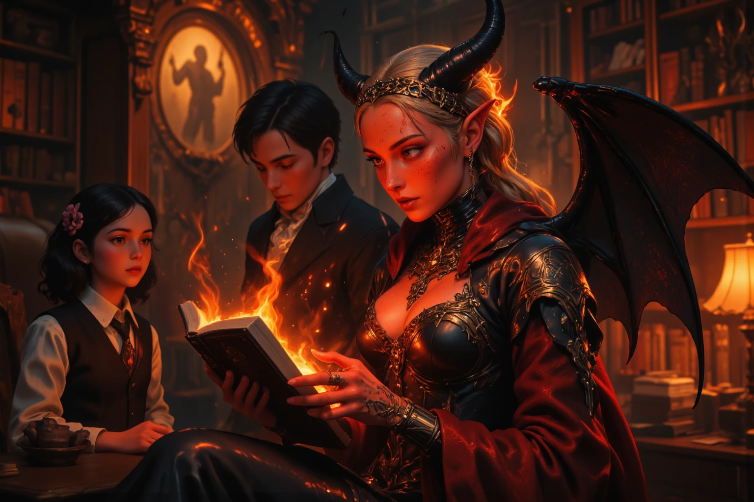 (best quality,highres:1.2),ultra-detailed,realistic,portrait,high fantasy,sexy busty Malaysian woman(age 40),jewel hijab,bikini,tames a devil,arcane chamber,well-lit room,vibrant colors,exquisite details,seductively poses,confident expression,mesmerizing eyes,long wavy hair,fine jewelry,ornate tattoos,chiseled features,soft skin,golden light,elaborate spell casting,richly decorated surroundings,enchanted atmosphere,mythical creatures in the background,elaborate tapestries,handsome yet sinister devil,subdued black and red color scheme,gentle candlelight,Northern European architecture,ethereal shimmer,curved horns,dark wings,burnished scales,dangerous yet alluring presence