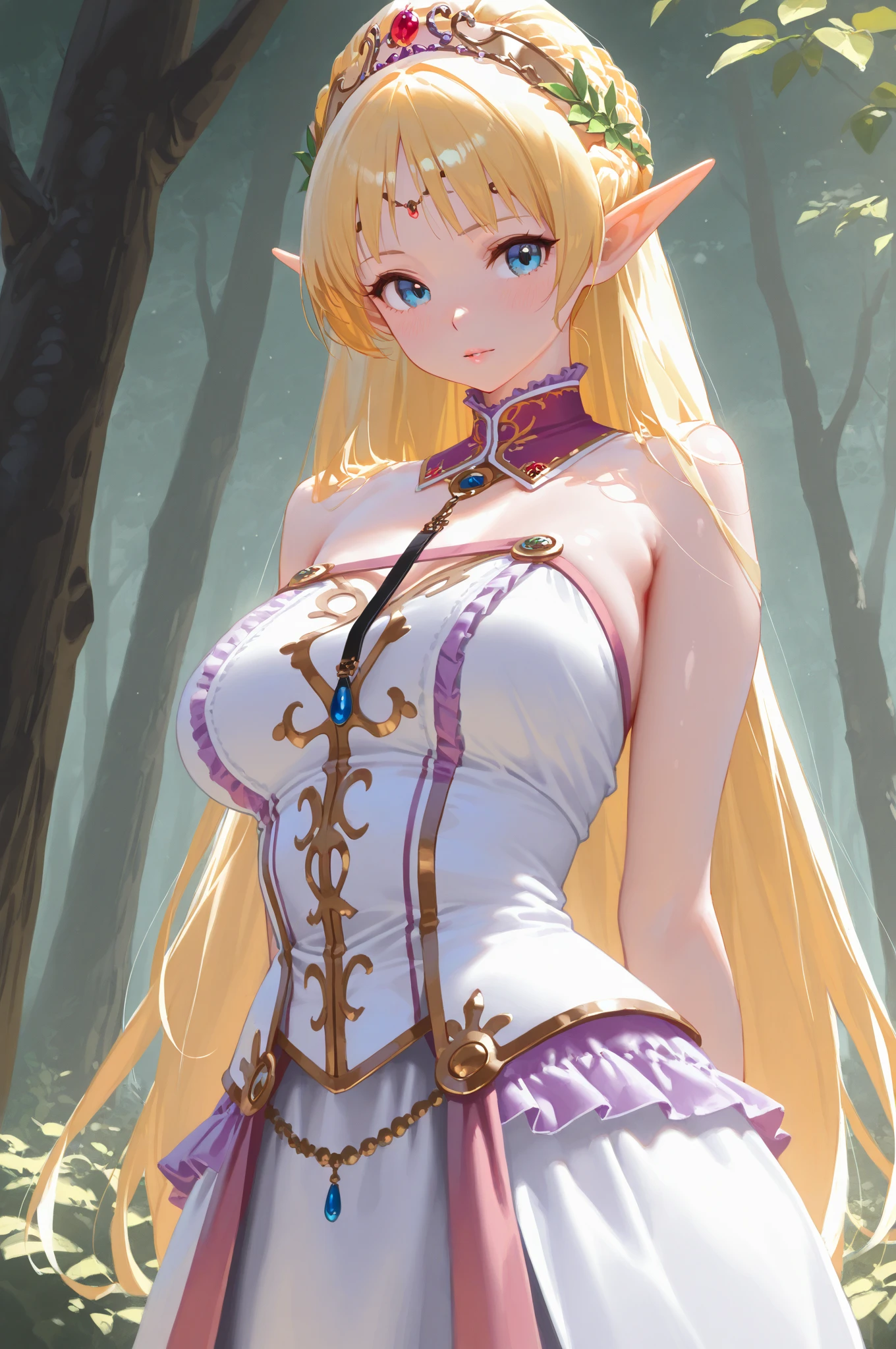  (Absurdres, master piece, best high quality image, very detailed features, very detailed textures, carefuly detailed with no deformed parts in all the artwork), solo character alone.
Elf woman milf: fair skin, golden blonde yellow long hair, light blue eyes, beauty, beautiful face, beautiful features, big breasts, voluotuous figure, (wearing a pink elvish short dress, pink shoes, pink hand bracelet), cheerful, happy laughing, lovely, carefree.
Standing doing a sexy seductive pose in the forest during a sunny day.