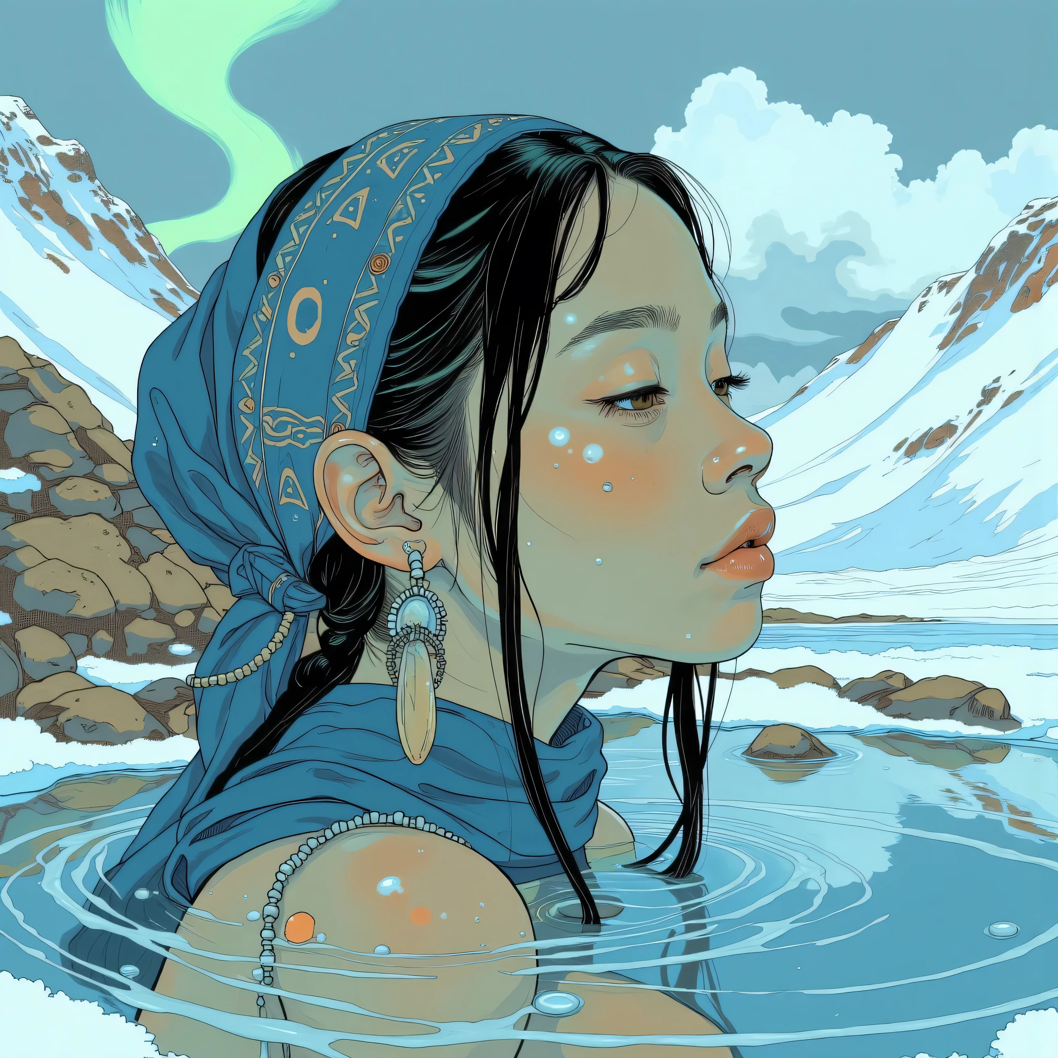 Close-up portrait of a beautiful young Inuit woman. She is bathing in a hot spring located in a natural crater in the middle of the Arctic landscape. Her straight black hair is elegantly braided and secured with a deep blue cloth scarf, adorned with intricate details and tribal prints that embody the strength and grace of her Arctic heritage. She wears earrings made of small shells and natural ornaments, a reflection of her cultural heritage.
Her head and shoulders protrude from the surface of the warm water. Her nose is slightly reddened from the cold. A stunning Arctic landscape unfolds in the background, revealing icy blues, brilliant whites, and the magical glow of the Northern Lights dancing across the sky. Illustration styled in DB4RZ.