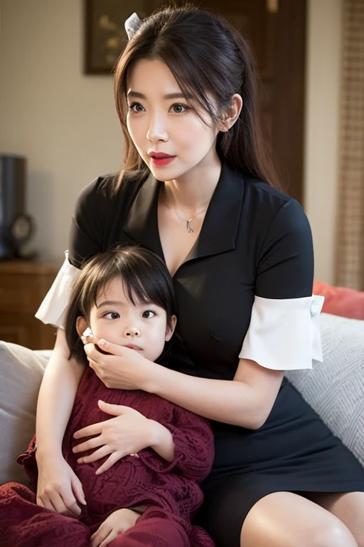 in doors，Gentle and beautiful mother and little daughter，Looking at the front of the mother who went to work in a suit、Exposure by direction、micromini skirt、This is 0 cm below the thigh.、The crotch is visible