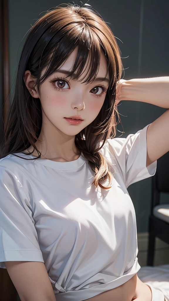 (masterpiece, Highest quality:1.2), One girl, alone,bony body、15 years old、(masterpiece, Highest quality:1.2), One girl, alone,bony body、15 years old、master piece , best quality , detailed , (woman face) , (breast hold:1.4) , t-shirt ,, room , indoor