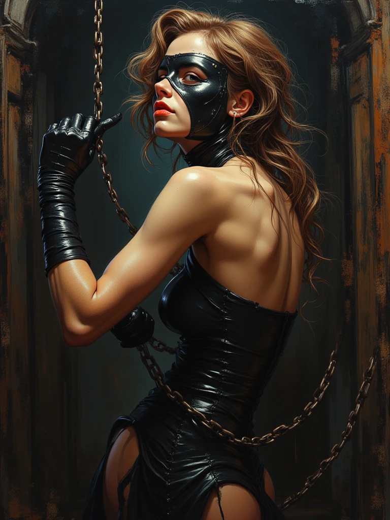 Latex dominatrix, lora, greeneyes, with a whip in his hands and a sensual expression