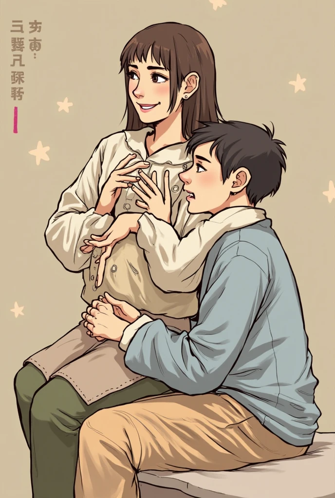 1 chico, 1 girl, mature woman, mother and son, child, hug, smile, hand on head, standing, masterpiece, Best Quality, leotard blue, long sleeves, long white gloves, Gray belt, medium breasts