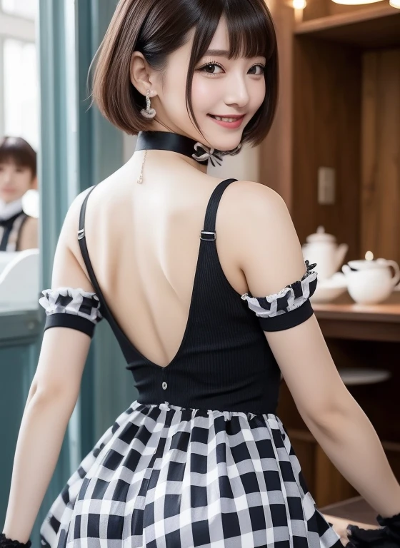 Highest quality, masterpiece, One Woman, beautiful, very cute, Brown Super Shorthair, beautiful巨乳, Accentuate your cleavage, Big black eyes, whole body, Bunny girl, (Black strapless bunny leotard:1.2), (Black rabbit ears), (High Leg), (A bow tie), (cuffs:1.2), (Fishnet tights), Covered abdomen, Put your arms on top of your head, Underarm, blush, smile, sexy, Sensual, casino, Browsing Caution