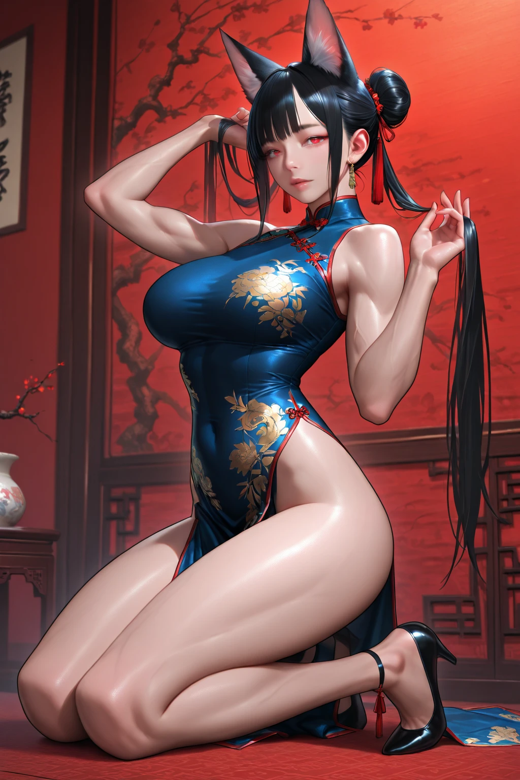 (masterpiece:1.2, highest quality),(Realistic, photoRealistic:1.4),1 female,Mature Woman,48 years old,Big eyes,Long eyelashes,(Thick lips),Black Hair,Random hairstyle,Beautiful Skin,Shiny skin,Beautiful female hands,Detailed hand drawing,Beautiful legs,(whole body),BREAK(China dress),(The background is a Chinese-style room),(((Background Blur:1.5))),((All fours))