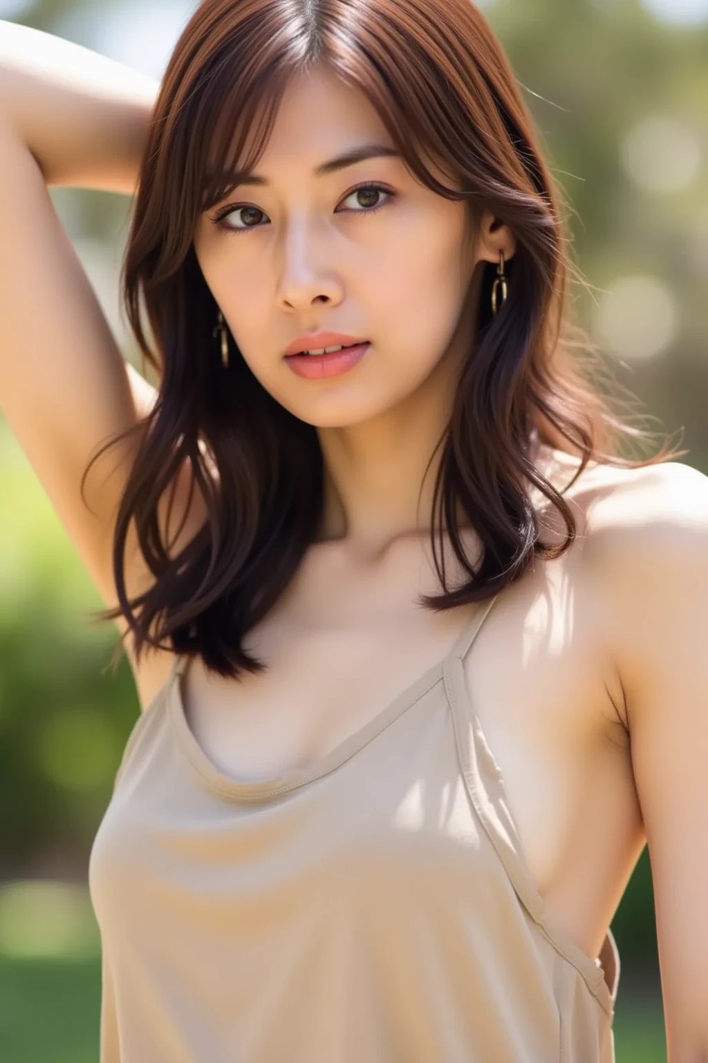 You are a professional gravure photographer.。future、Beautiful Eyes、 ((highest quality)), Clear contours, Woman with beautiful face, (((One Girl,alone))), ((Beautiful Eyes)), Sex Appeal,Albedo and Specular Maps、Accurate simulation of lightweight material interactions、Thigh shot、Three-dimensional background、Bob Hair、smile