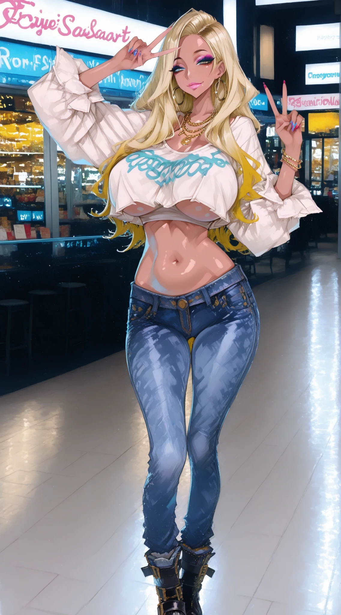 One girl, solo, round breasts, clevage, curvy body, realistic, blonde hair, light green eyes, amazing big eyes, eye details, eyebrow details, crop top, denim skirt, big lips, blush, confident, dominant, bdsm, smirk, naughty, mischevious face, HD, good quality, crop top, curvy, standing up, lounge area, looking at camera