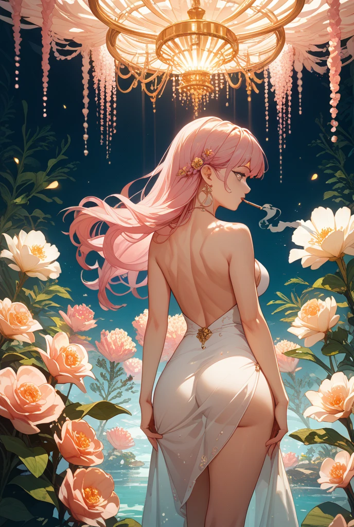 Pink haired girl in an elegant pink sexy dress, medium breasts, big butt , perfect face and hands