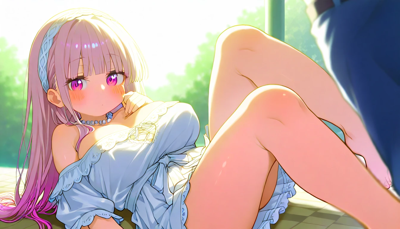 (busty girl), solo, (unexpected expression)(mouth open, (white jacket), (short pink t-shirt), narrow(white thong)(highleg)(high-cut), (nipples under shirt), narrow constricted waist, (exposed belly)(belly button), narrow hips, bare hips, (partially exposed)vulva(labia), (blond hair)buns(twintails), White ribbon, Dark Eyes, blue eyes, sunny metropolis, clitoris(crotch wedge)cameltoe