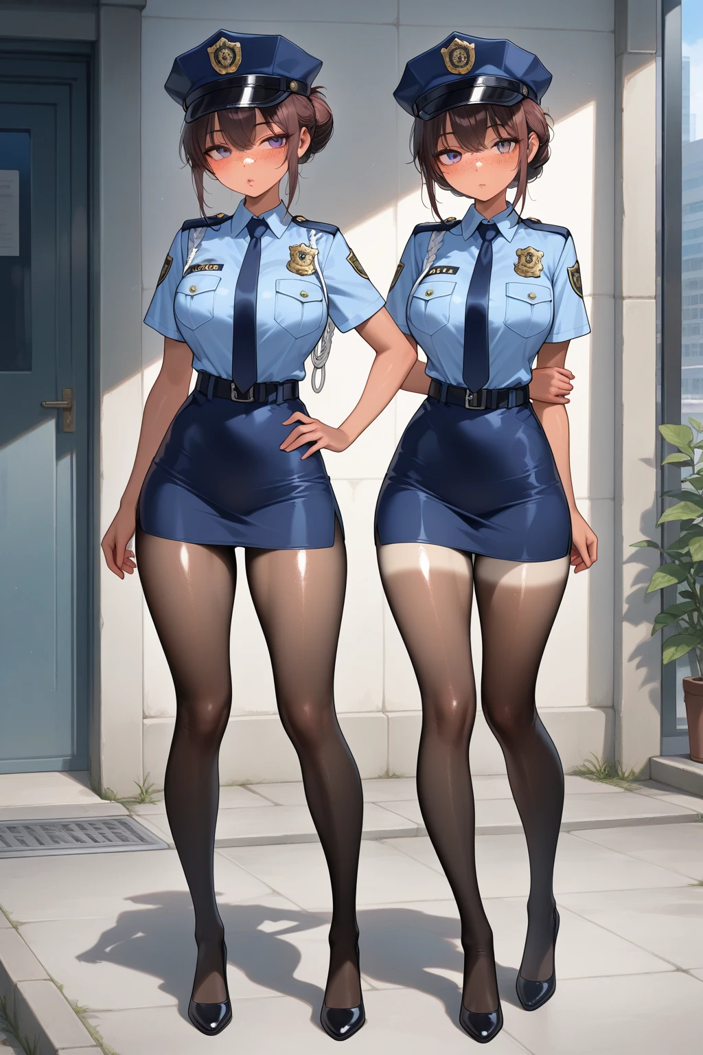 (solo:1.2), (1 policewoman), very tight miniskirt, thigh gap, highheels, narrow shoulders, (bursting disproportionately huge breasts:1.2), narrow waist, (slim hip), (skinny long legs), short hair