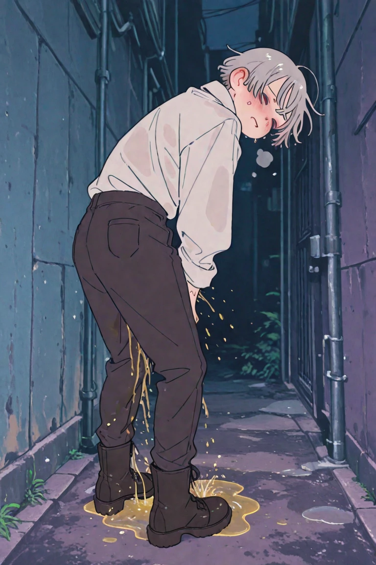 1boy, male focus, standing, full body, white shirt, shirt,pants, blue pants, necktie, indoors, solo, looking down, ((hands on head)), open mouth, white hair, yellow eyes,  short hair, best quality, amazing quality, best aesthetic, absurdres, year 2023,((wetting self, pee stains, puddle)), blushing, clenching teeth