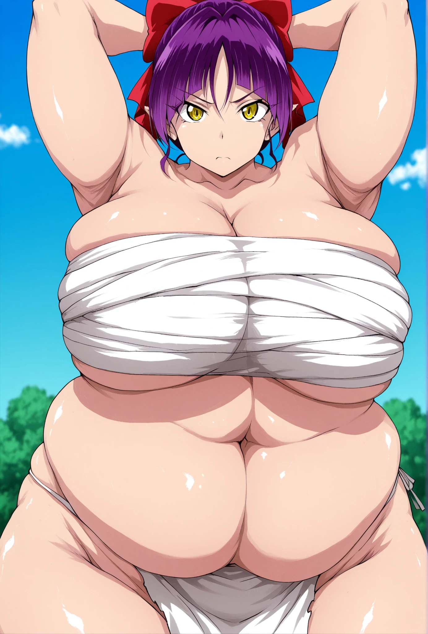 Outdoor、forest、(Ripped clothes)、Sweat、Hanging from a rope(Tied up with rope)、Spread your legs、sit、Showing off your armpits、blush、Angry face、Open your mouth、pubic hair、Toned body、Big Tits