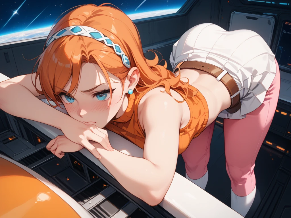 Asuka Langley from Evangelion wearing a tight school swimsuit。Plump and、She spreads her legs with her own hands。Embarrassed。She is doing the M-shaped leg spread on the control panel.。