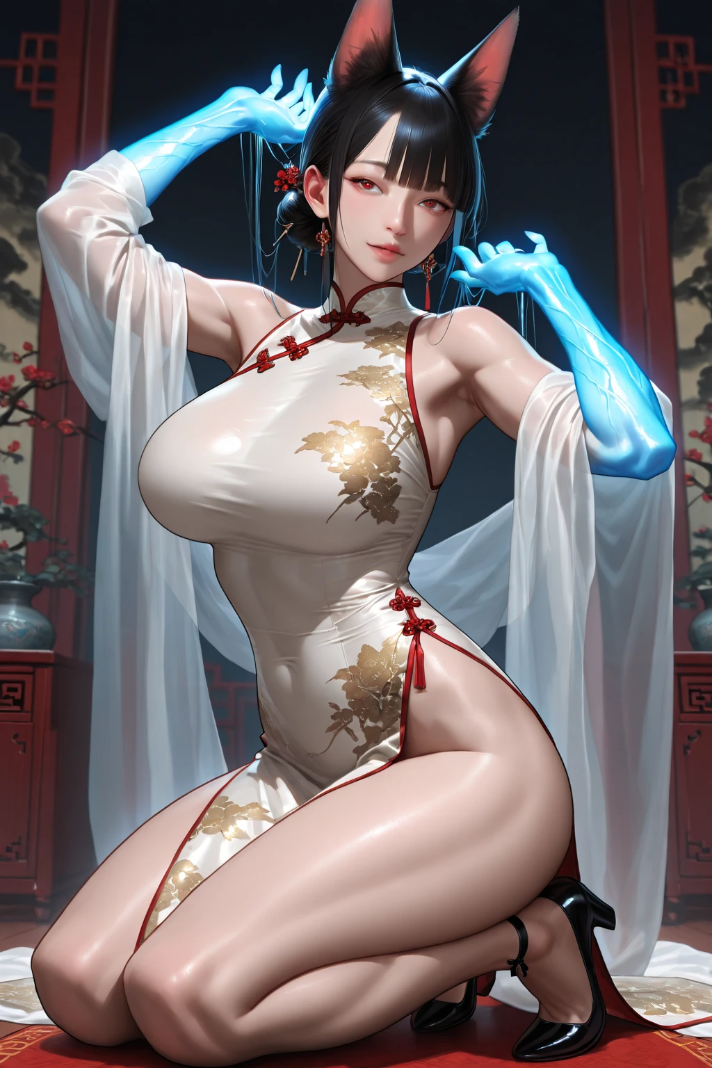 (masterpiece:1.2, Best Quality:1.2, 32K, High resolution), ((Ultra-realistic portrait of jiangshi, 1girl in, black hair, Chinese zombie hat:1.15, Chinese zombie dress, Chinese zombie costume, amulet attached on face:1.75, closed eyes)), (huge cleavage:1.3, huge tits:1.3, huge boobs:1.3, huge breasts:1.3), (Detailed face, Detailed skin texture), (standing, in Abandoned hut:1.3, farms:1.1, in China, horror atmosphere, dark atmosphere)
