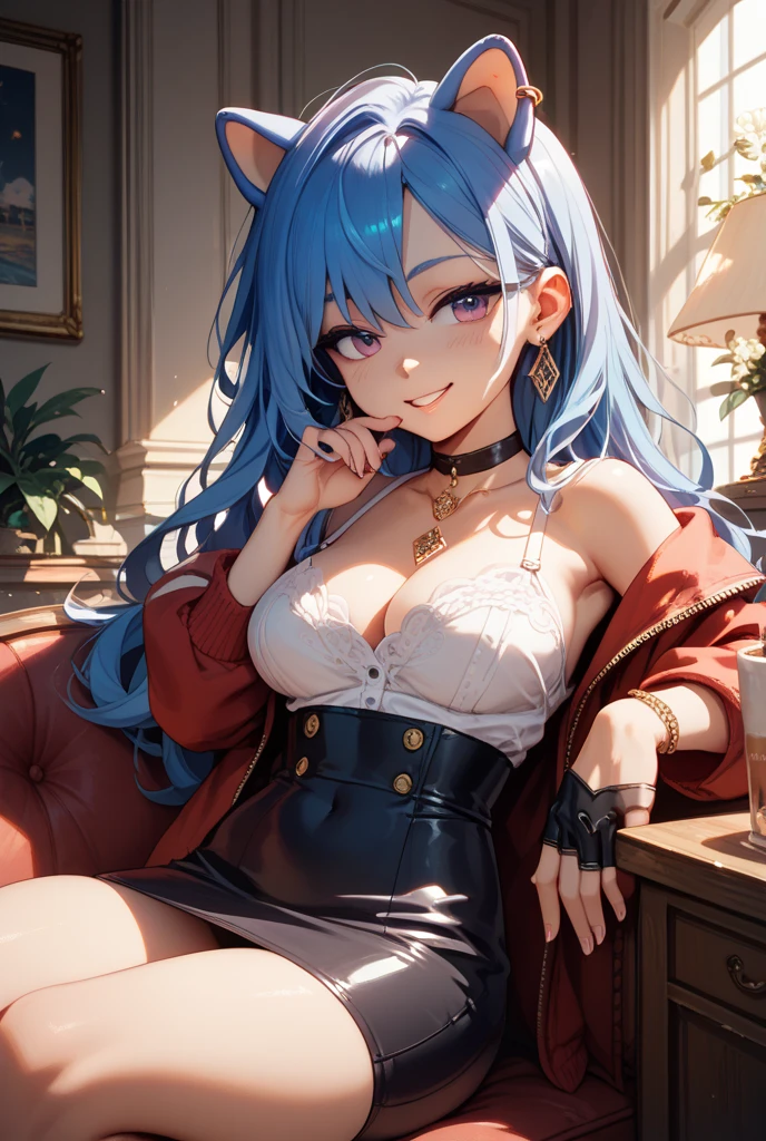 Anime Moe Art Style,highest quality,High resolution,Anatomically correct,One Girl,Mid-teens,A girl with light blue hair in a ponytail,Super detailed,Fantasy World,Off-the-shoulder tops,mini skirt,Big Breasts,A rich expression,A big smile,Resting her breasts on the table,Hands clapping together,Eyes drawn in detail,hair ornaments,necklace,bracelet,ring,8K