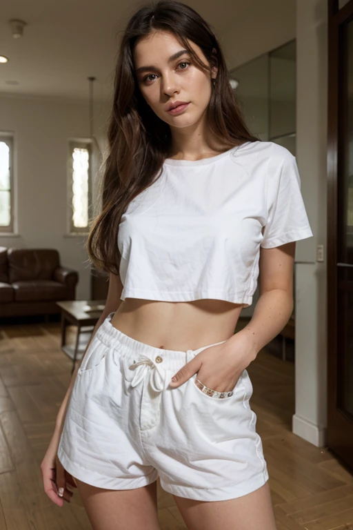 
25 year old woman with a beautiful face, nice eyes, white skin, beautiful body, short hair and black hair, in a tight white shirt, black trousers, and a blue and white tie, is carrying a file