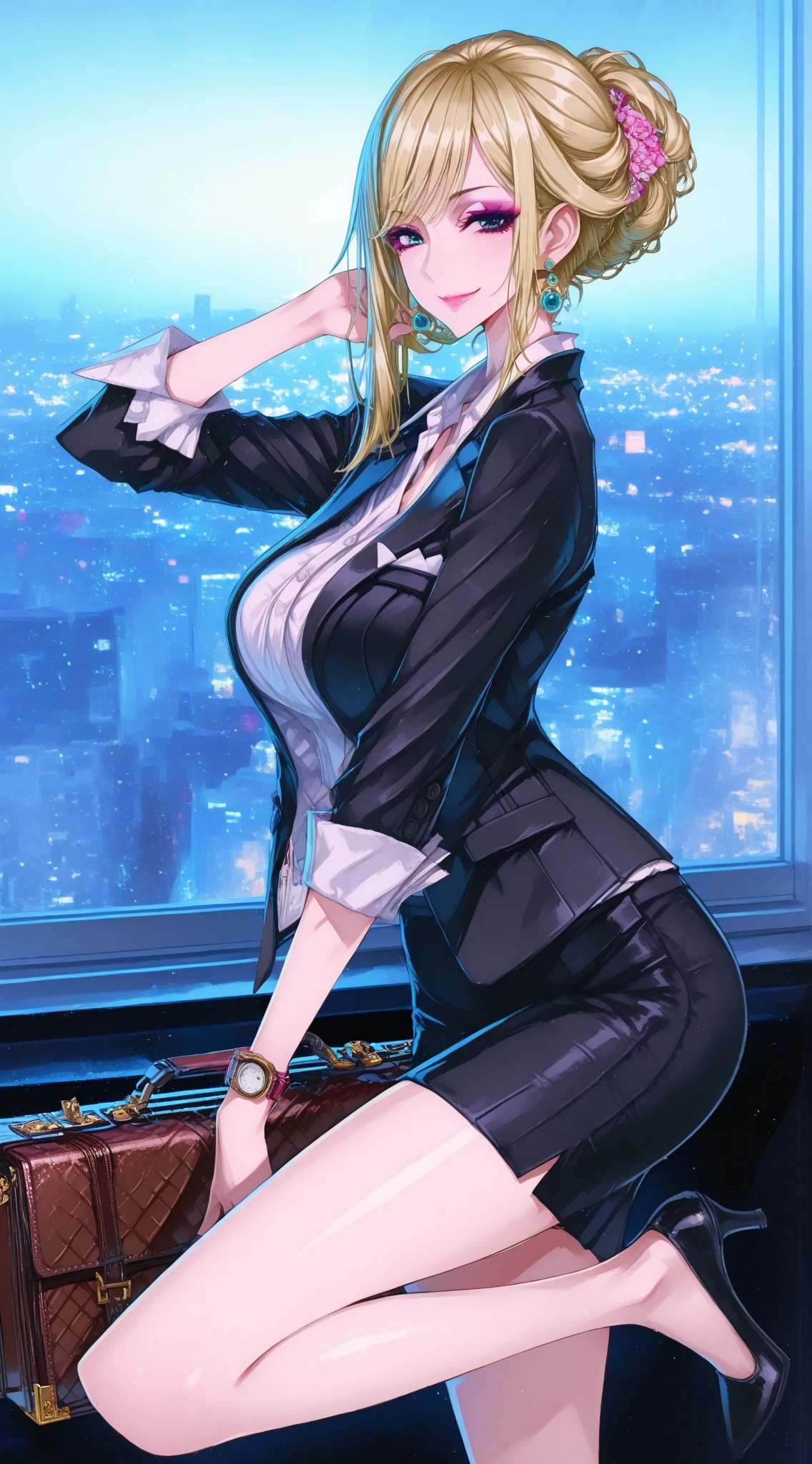 High resolution、8K、middle-aged women、Slender body type、blonde hair、intellectual suit fashion、model pose、Fashion magazine cover、stylish、casual、intelligence、career woman、boss、Western woman's skeleton、
