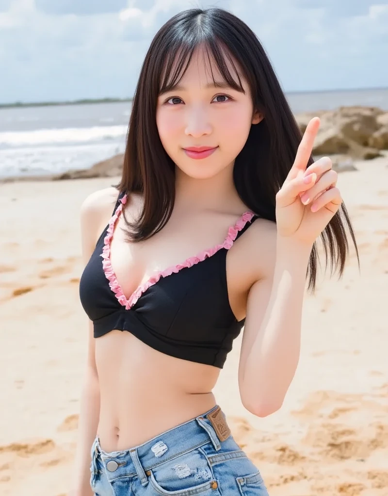 ((((Photorealistic))))), ((AKB 48))), ((Sunset in background)), ((Rock in background)),((Smiling)),(NIKON Z))), (19 years old),(Small bust))))), ((Colorful lace swimsuit)))),(Mekosuji),(Slightly rough skin)))), (Pore feeling))))), ( Photorealism: 6, Realistic))), ((Earrings)), (Sideways and Turning Around)),Perfect chest shape, bare buttocks,((Upside ponytail))), (Ribbon),((Has scrunchies on wrists)),Hair ornaments, pale skin, looking at the viewer, small waist