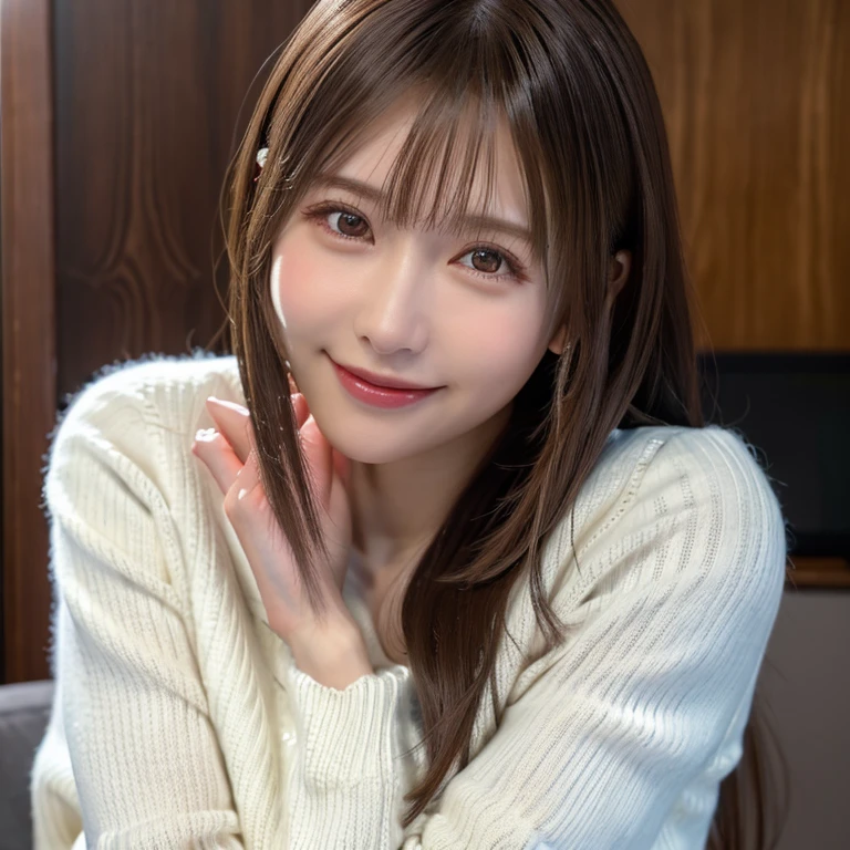1 Japanese girl,(White sweater:1.4), (RAW Photos, highest quality), (Realistic, Realistic:1.4), Tabletop, Very delicate and beautiful, Very detailed, 8k wallpaper, wonderful, In detail, Very detailedなCG Unity, High resolution, Soft Light, Beautiful details 19 years old, Very detailedな目と顔, Beautiful and detailed nose, Beautiful details,Cinema Lighting,Perfect Anatomy,Slender body,smile (Asymmetrical bangs,)