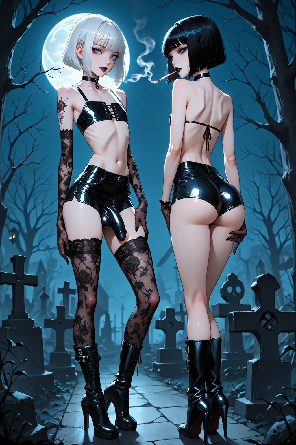 pumpkin hair，With silver headphones，Blue eyes，Red lips are attractive，The full body，white shirt, (((very see-through top)))，cropped shoulders，huge tit，There are tattoos on the shoulders, (((Nekomimi))), (((steampunk girl))), (((Halloween)))