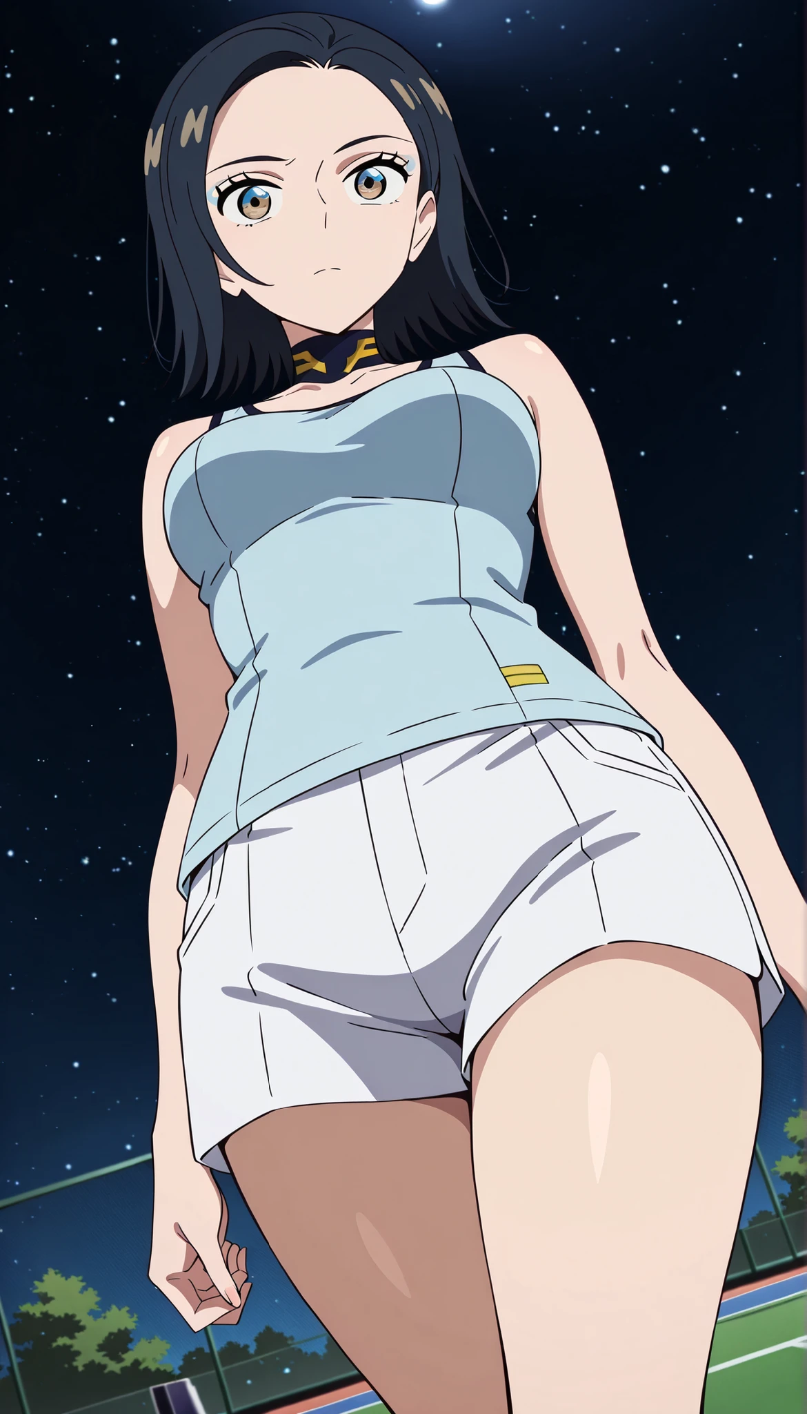 Comoli Harcourt,dark haired,short hair,white shorts,light blue tank top,thighs,low angle,tennis court,Ulchan -6500-v1.1, (RAW pictures:1.2), BEAUTIFUL DETAILS, Very Detailedな目 美しい目,beautiful eyes,brown eyes, file size is large, high resolution, Very Detailed, Highest Quality, [masterpiece:1.6], Awareness-raising, Very Detailed, CG, fine, Highest Quality, 8K Wallpaper, Perfect Body,Very Detailed